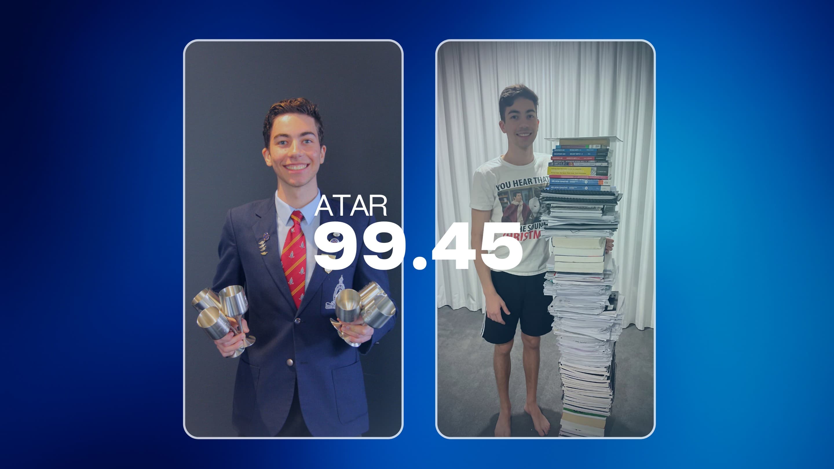 Collage of Spiros Kaye detailing the journey from C student to a 99.45 ATAR.